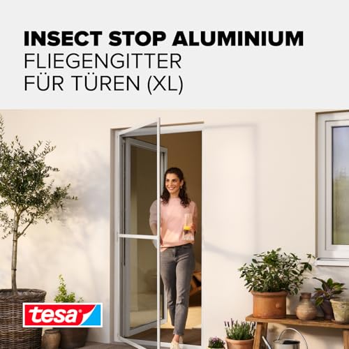 tesa INSECT STOP Aluminium Rahmen Fliegengitter für Türen XL - Insektengitter mit Aluminium-Rahmen & Clear View - Tür Insektenschutz - 120 cm x 240 cm, Weiß