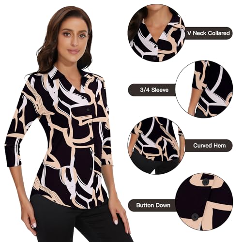 Image of Soneven Womens Golf Polo Shirts 3 /4 Long Sleeve V Neck Button Down Shirts Business Causal Work Blouses Tops