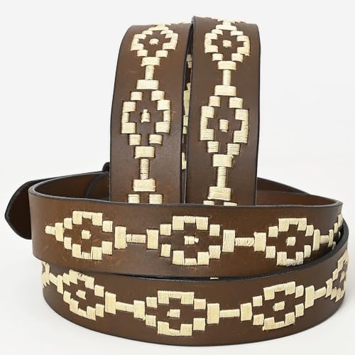 Western Brown Full Grain Genuine Leather Men & Women Belt Embroidered White Unisex With Removable Buckle2