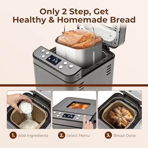 Image of Rosewill 25-in-1 Automatic Bread Maker Machine with 3 Loaf Size up to 2 Lb, 700W High Power Dual Heater with BPA-free Nonstick Coating Pan, Max 15 Hours Delay Timer, Low Noise - Gray