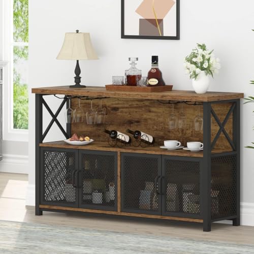 Image of Klaxon Wooden Bar Cabinet for Home | Large Bar Unit for Living Room with Wine Rack, Hanging Glass Holders & Mesh Door Storage | Rustic Bar Table for Home & Bar Counter for Home (Nysa)