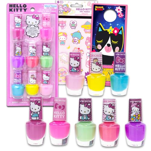 Hello Kitty Nail Polish for Girls - Bundle with 8 Bottles of Scented Water Based Nail Polish Plus Stickers More | Manicure Set for Kids