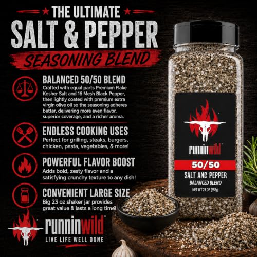 Image of 50 /50 Salt and Pepper Seasoning, 23 oz | Premium Flake Kosher Salt & 16 Mesh Black Pepper Blend with Extra Virgin Olive Oil | Texas-Style Rub for Brisket, Steak, Burgers, Chicken & More