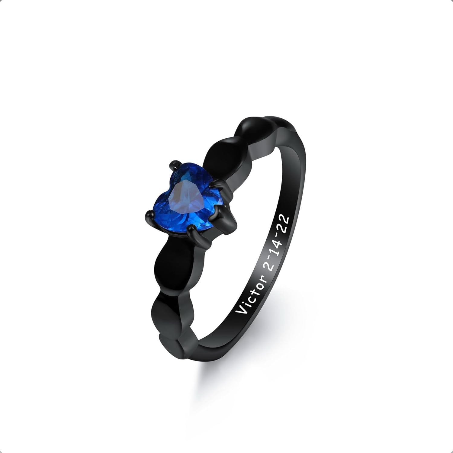 MeMeDIY Personalized Stainless Steel Couples Rings Set, Engraved Names Promise Rings with Heart Gemstone, Gift Bag Included