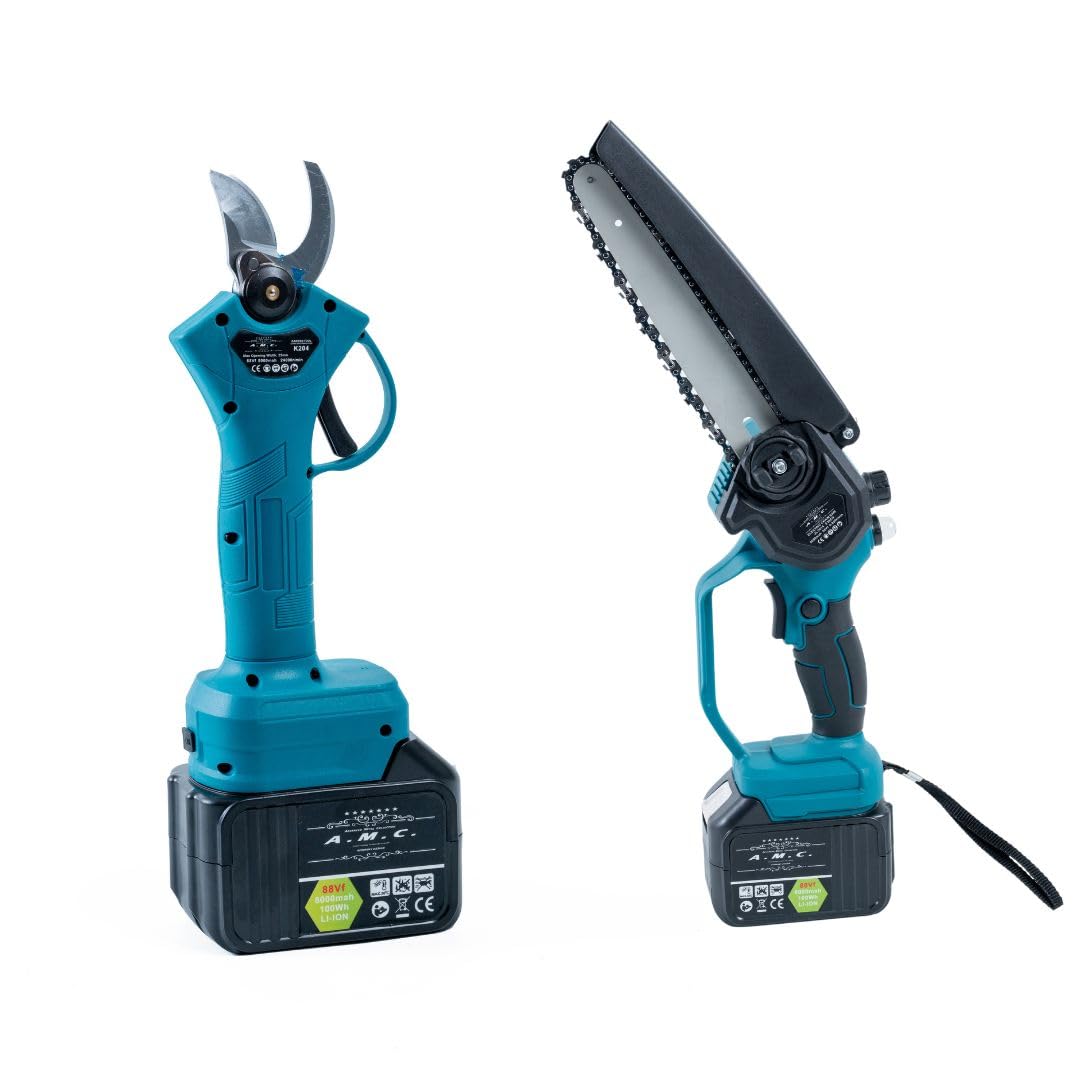 A.M.C. Kit Potatura Forbice a Batteria 40 MM 88V e Motosega a Batteria 8 Pollici con oliatore + Asta Telescopica 128-248cm, Kit 3 in 1, Cesoie Elettriche Set Potatura Giardino Rami Arbusti Vigneto