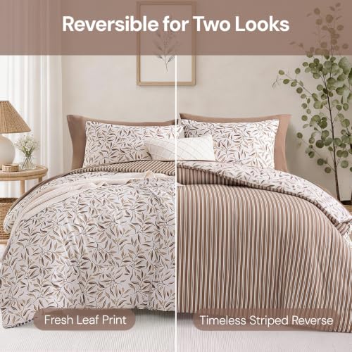 Image of Monbix King Comforter Set - 7 Pieces Floral Bed in a Bag King Bedding Sets | Reversible Botanical Comforter Set with Sheets, Pillowcases & Shams for All Seasons, Brown