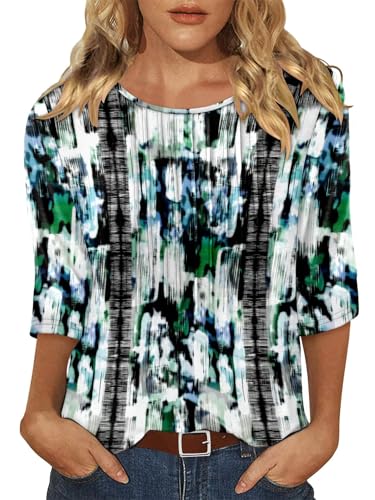 KISSMODA Tunic Tops for Women Loose Fit Dressy Round Neck Pleated 3/4 Length Sleeve Spring Tops