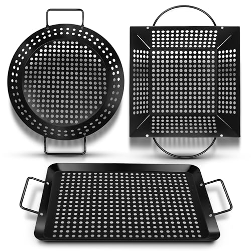 Qetumst Large 3 Piece Grill Basket Set for Outdoor Grill Heavy Duty Veggie Grilling Pan with Riveted Handles Warp Resistant Nonstick BBQ Accessories for Vegetables Seafood & Meat