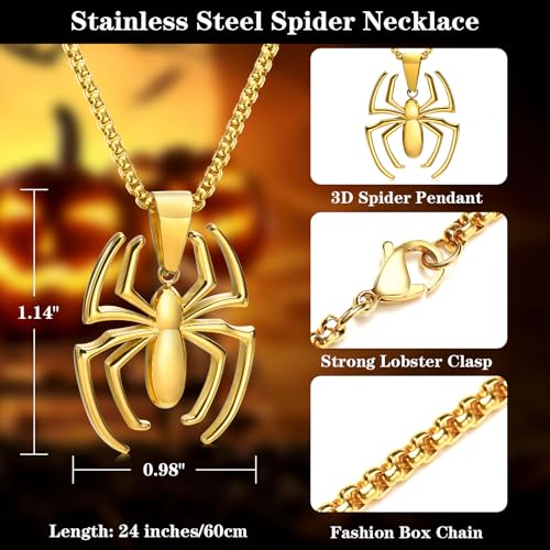 Image of Spiderman Gift Necklace Spider Pendant Necklace for Men, Silver /gold plated /Black Stainless Steel Spider Chain Spider Man Christmas Gifts Jewelry for Spider-man Fans Men Women
