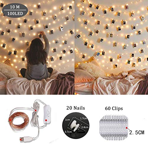 Cozywind Clip Cadena de Luces LED 10m,100Led Guirnalda Luces con Pinzas,USB Alambre de Cobre Luz Cálido para Colgar Fotos Decoración