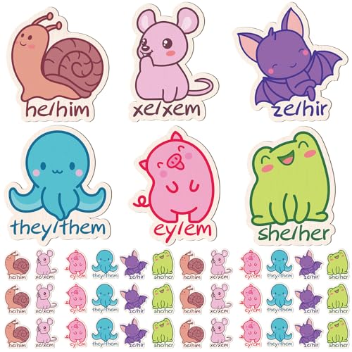 Ferreve 48 Pcs Pronoun Badges Pins Gender Identity Pins Cute Animal Xe Xem Button Pin Wooden Multiple Colors Pronoun Pinback for Shirts Clothes