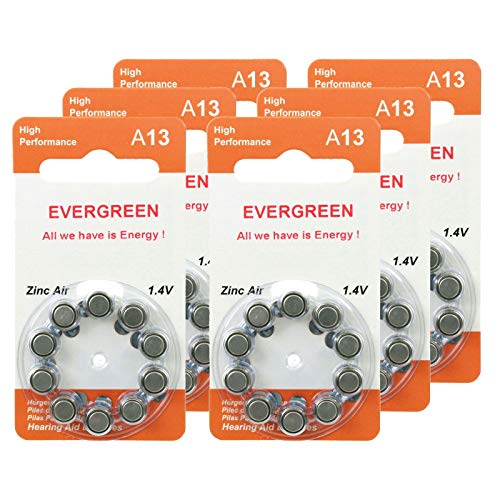 Hearing Aid Battery A13/B10_60 Evergreen 60pk, Size A13, Zinc Air