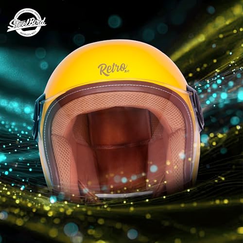 Image of Steelbird SBH 65 Retro 3.0 DOT and ISI Certified Open Face Helmet for Men and Women (Medium 580 MM,Glossy Yellow with Black Peak)
