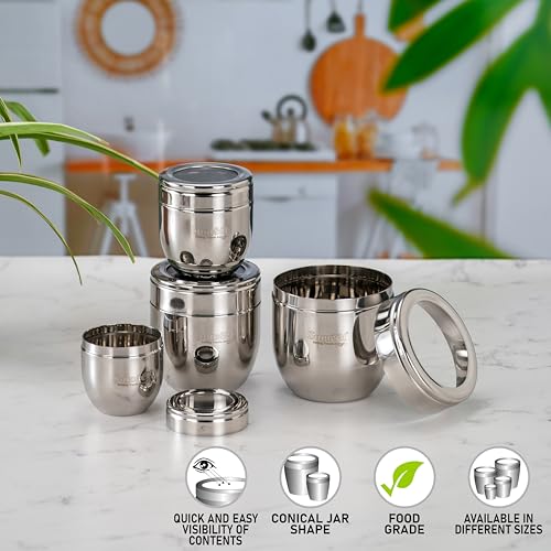 Image of Sumeet Stainless Steel Conical Shape Canisters /Dabba /Storage Containers for Kitchen with See Through Lid, Set of 4 Pcs (150ml-6cm Dia-1Pc, 250ml-7cm Dia-1Pc, 400ml-8.5cm 1Pc, 500ml-9cm 1Pc)- Silver