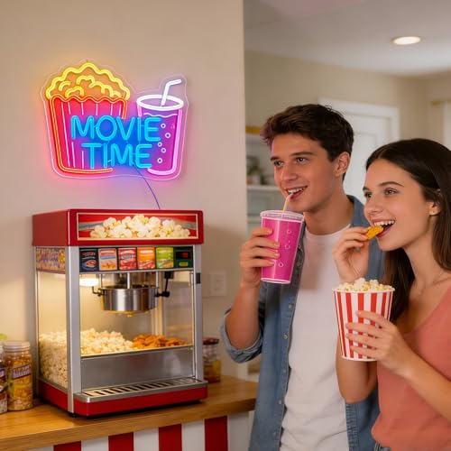 Image of Movie Time Neon Sign with Popcorn & Drink - Dimmable snacks LED Light for Home Theater & Movie Night Room Decor | Gift for Film Lovers (15x12 inch)