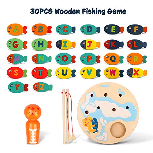Lydaz 30 PCS Wooden Magnetic Fishing Game, Magnetic Alphabet Letters Fishing Toy, Montessori Toys Educational Games Fine Motor Skill Toys for 3 4 5 Year Old Boys Girls Kids Toddlers