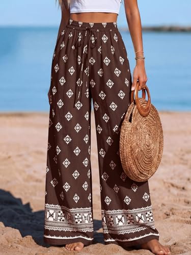 Image of PRETTYGARDEN Womens Pants Elastic Waist Floral Lightweight Palazzo Pants for Women Casual Lounge Wide Leg Pants Woman