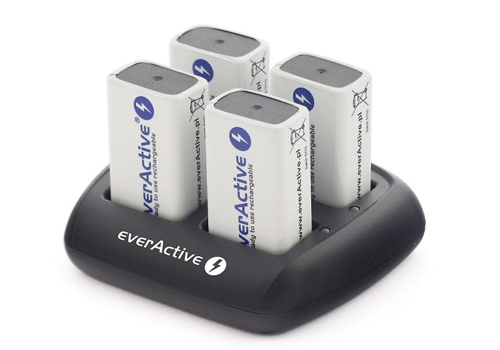 everActive ładowarka do 4 akumulatorów 9 V, szybkie ładowanie – zestaw akumulatorów, w pełni automatyczny, wskaźnik stanu LED do 8,4 V Ni-MH, model: NC-109