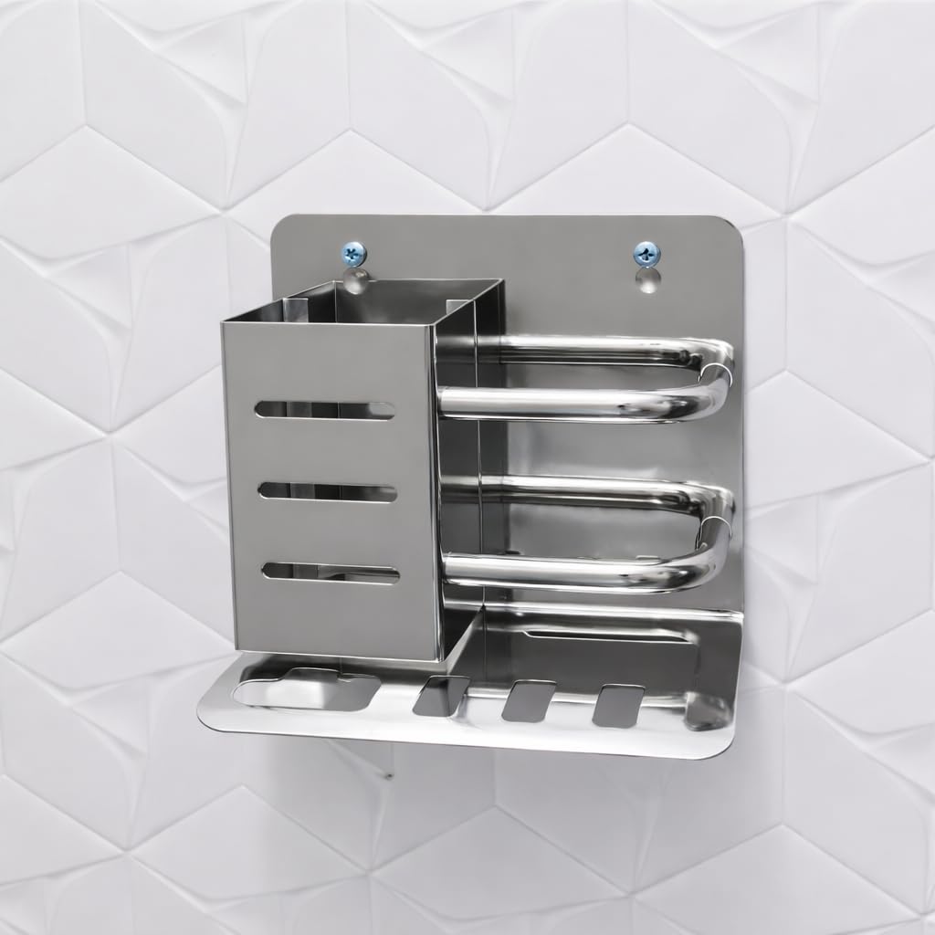Wall Mounted Toothbrush Holder Organizer, Stainless Steel Bathroom Tumbler & Toothpaste Stand, 4 Brush Slots, Mirror Finish, Rustproof Storage Rack (15 x 13.5 x 11 cm, Silver)-image-1