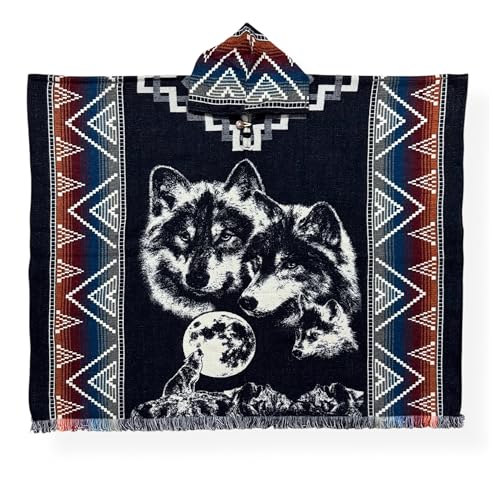 Wolf Pack Alpaca Wool Blue Poncho Cape Shawl Blanket Poncho Zarape Gaban Unisex Indigenous Handmade2