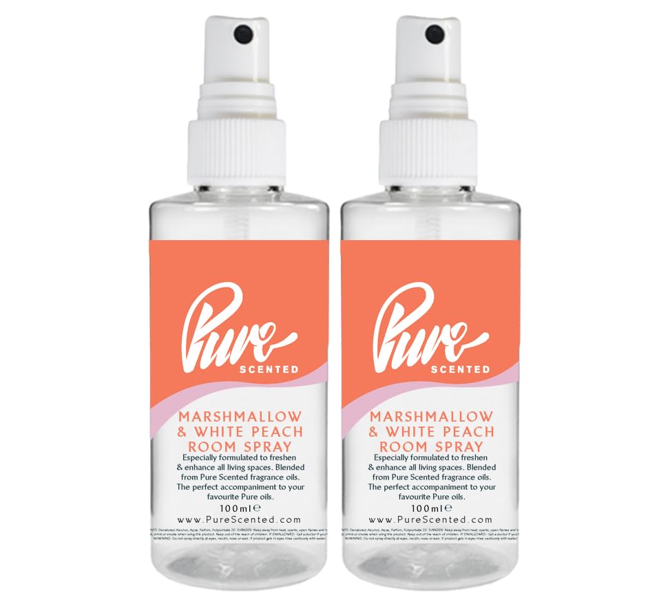 "Pure Scented 200ml Room & Fabric Sprays 2 x 100ml Suitable For Home, Car, Caravan, Work, Gym Bags, Odour Eliminators (2 x 100ml, Marshmallow & White Peach)" — image 1