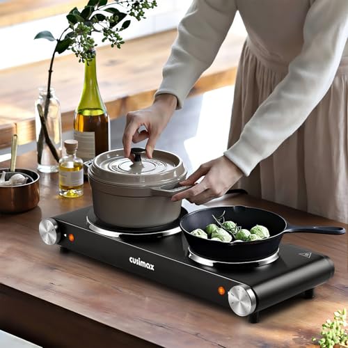 Image of CUSIMAX Double Hot Plates Electric Burner, 1800W Countertop Cooktop with Adjustable Temperature Control, Hot Plates for Cooking Portable Electric Stove, Black Stainless Steel Cooktop, Upgraded Version