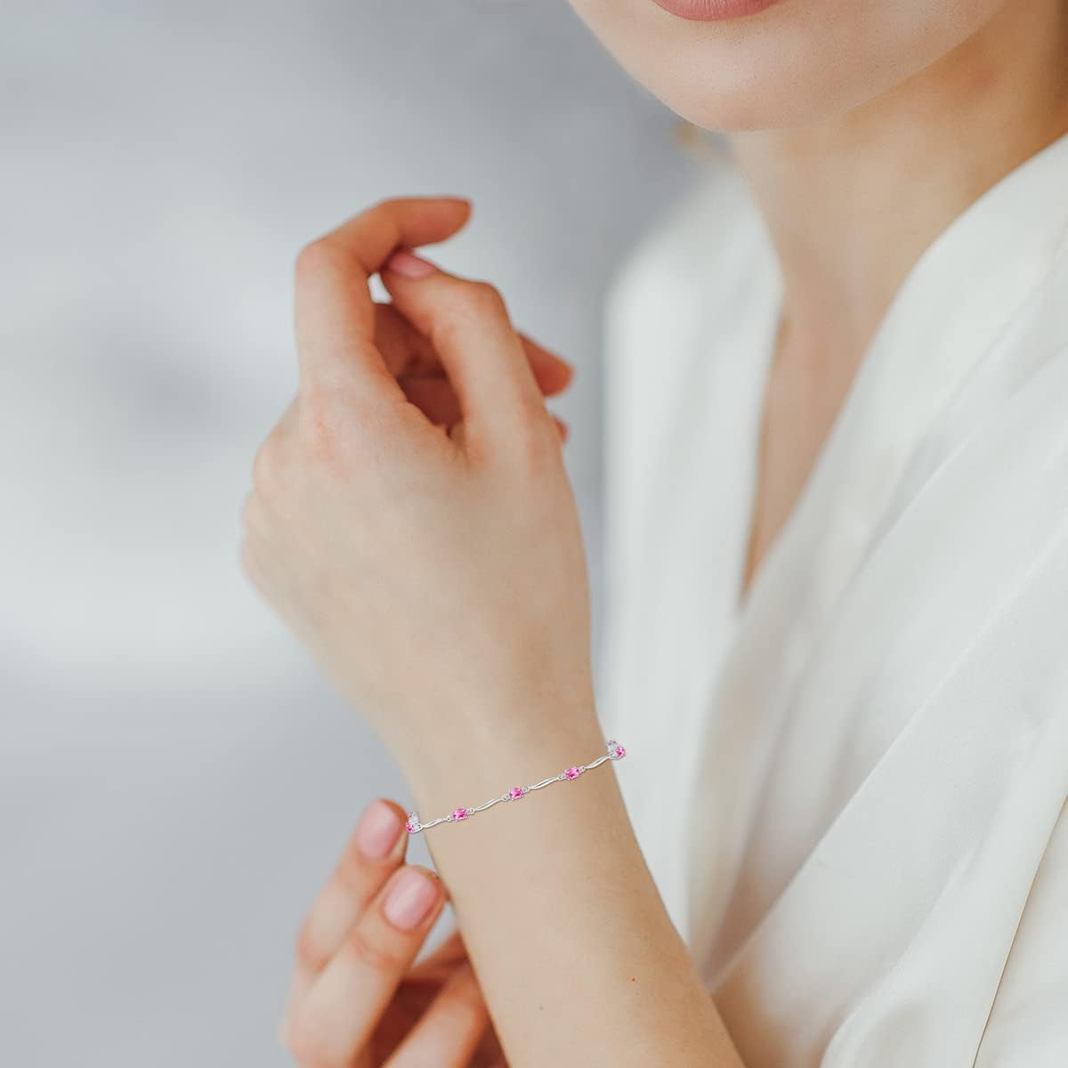 Pink Topaz and Diamond Wave Link Bracelet in .925 Sterling Silver