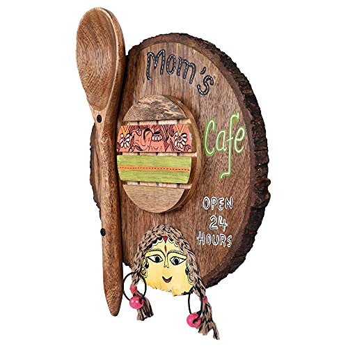 Image of Aakriti Art Creations Kitchen Decor inchMoms Cafe inch Handcrafted in Wood, Madhubani Art Wooden Wall Hanging Panel Set of 1, Natural Brown Wall Decor Panel | Matte Finish Wooden Wall Art
