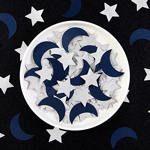 Image of Navy-Blue Moon Silver Star Confetti - 300pcs Glitter twinkle little star Table Confetti,Ramadan Mubarak Decor Birthday Wedding Baby Shower Party Decorations Lasting Surprise