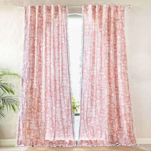 Image of Tranquebar Curtain Co. Cotton Curtains 7 Feet Long, 60-65% Room Darkening, Peach Botanical Print, Door Curtain with Tassel Lace, Pink Curtains, BackTabs, Design Cairo (213 cm) - 1 Piece