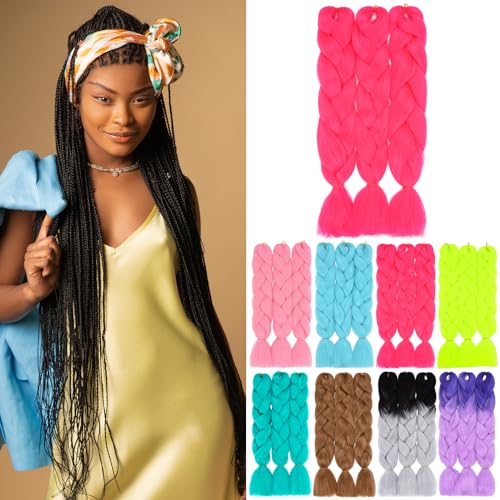 PARXITN Extensiones de pelo trenzado Kanekalon Jumbo para trenzas de pelo sintético, 60 cm, 3 unidades, color magenta