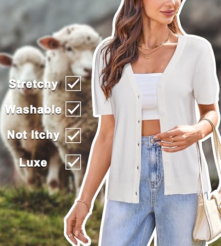 Image of Arach&Cloz Women's Wool Blend Short Sleeve Lightweight Cardigan Business Casual Summer Sweaters Tops