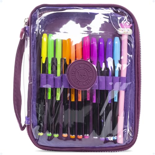 Estojo Escolar Feminino Masculino Grande Transparente Ziper Resistente Papelaria Fofa Infantil Lápis Canetas Lapiseiras Borrachas Apontadores (Roxo)