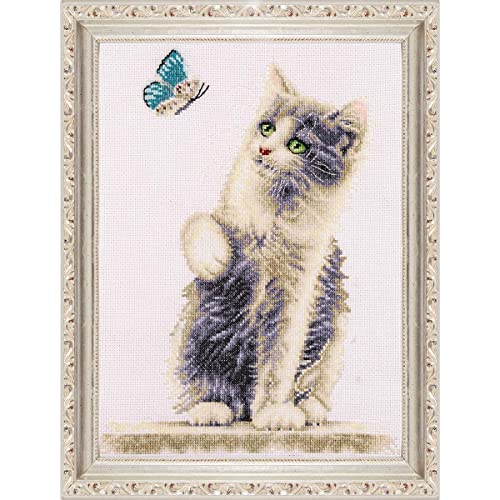 Image of DUTCH STITCH BROTHERS - Counted Cross Stitch Kit - DSB013A - Cat with Butterfly - White Aida - 13.4 x 9.5 Inch - DIY for Adults