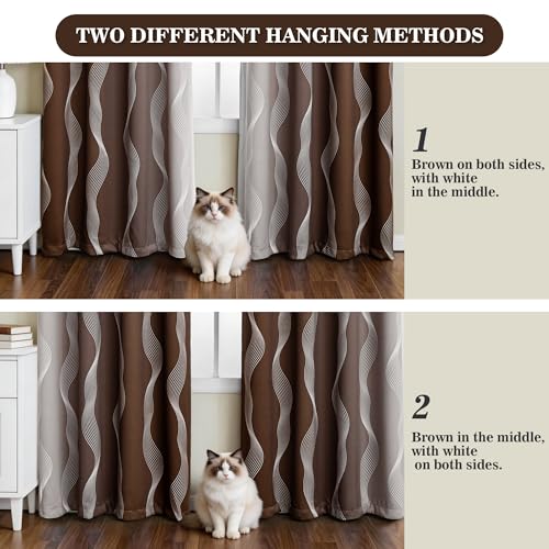 Image of MYSKY HOME Brown and Greyish White 95% Blackout Ombre Geometric Curtains 96 inch Long 2 Panels Set for Living /Dining Room Kids Room Thermal Insulated Wave Line Foil Print Design Grommet Drapes, 52 inch W