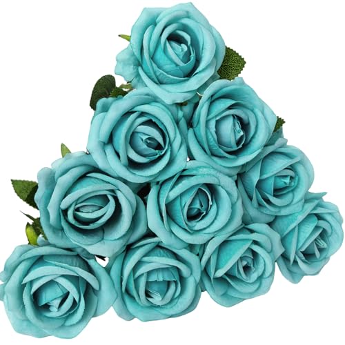 DECEED 造花 バラ ローズ 薔薇 10本セット 花束 バレンタインデー ブーケ 真っ黒 ハロウィン インテリア 飾り 花径7cm×長さ50cm（ピーコックブルー）の商品画像（Amazon）