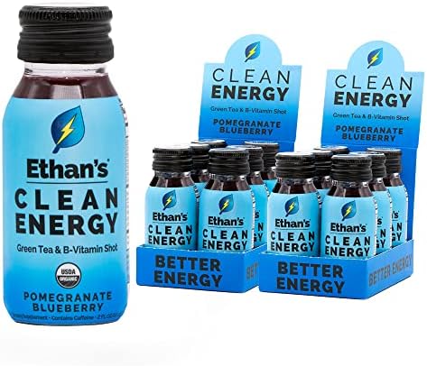 Ethan's Organic Clean Energy Shots Pomegranate Blueberry, Sugar Free Natural Pre-Workout Focus Boost, Gluten Free, Vegan, B6 & B12 Vitamin C with Green Tea Extract and Guayusa (12 Pack of 2oz Shots)