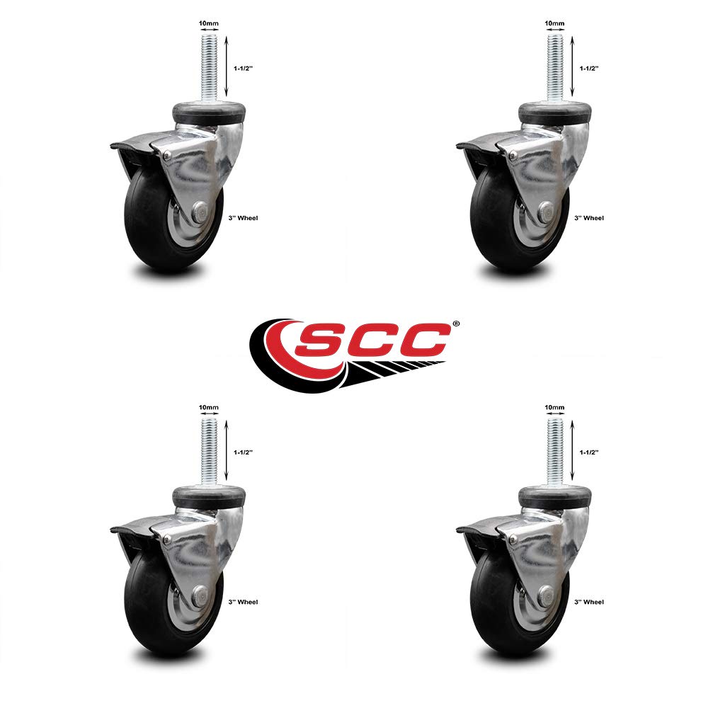 3 Inch Swivel Caster Wheels for Furniture - Bright Chrome Hooded Neoprene Rubber Wheel with 10mm - 1.50 x 1-1/2 Inch Metric Threaded Stem and Brake-440lbs. Total Capacity-Set of 4-Service Caster Brand