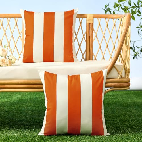 Image of Allorry Outdoor Pillow Covers 16x16 Set of 2 Orange Striped Decoration Throw Pillow Covers for Spring Summer Outdoor Waterproof Garden Patio Furniture Sofa Bed Home Decor JB007-I16