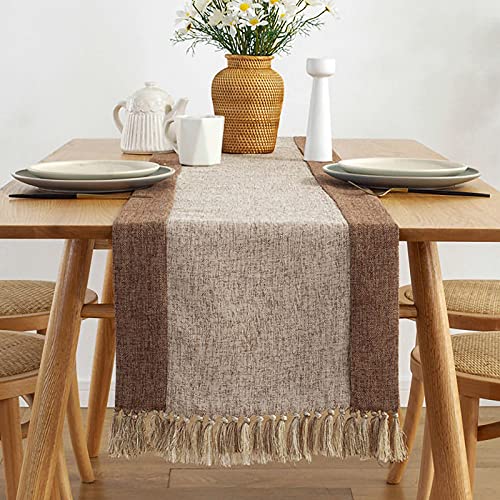 rismart Cotton Linen Tassels Table Runner for Dinning Dresser Table Beige Brown,38 x 180 cm, 38 x 180 cm (Length including tassel) - Image 2