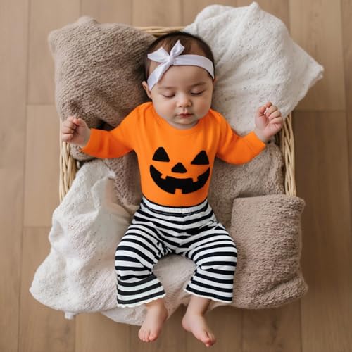 Baby Girl Halloween Clothes Set Long Sleeve Funny Pumpkin Embroidery Top Stripe Flare Pants Fall Outfit Infant3
