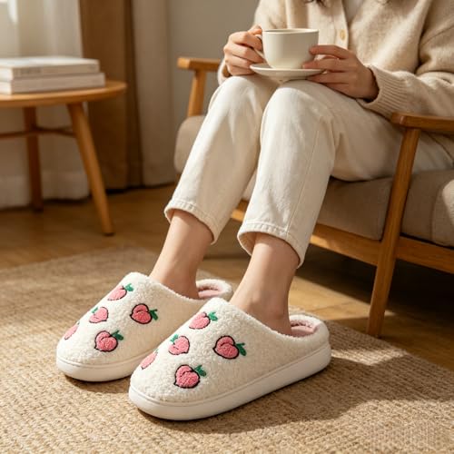 Image of FAYUEKEY House Slippers for Women Fuzzy Mens Fruit Series Strawberry Memory Foam slippers Bedroom Shoes