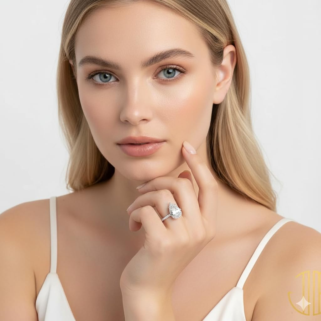 3 CT Pear Shape Moissanite Engagement Ring Pear Cut Hidden Halo Ring Tear Drop Wedding Bridal Ring Set, Solitaire Hidden Halo Handmade Silver Moissanite Rings For women