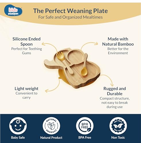 Image of Kids Station Elephant Wooden Feeding Plate with Spoon and Fork for Babies - Yellow | Eco-Friendly Self-Feeding Baby Tableware Set (3 pcs)