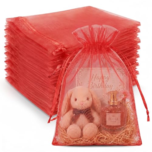 Image of Crweety 50 Pcs Large Organza Bags 8x12 In, Mesh Gift Bags with Drawstring for Candy Treat Snacks, Sheer Gift Pouch for Jewelry Sachet Wedding Party Favor, Bridal Shower, Birthday & Graduation (Red)