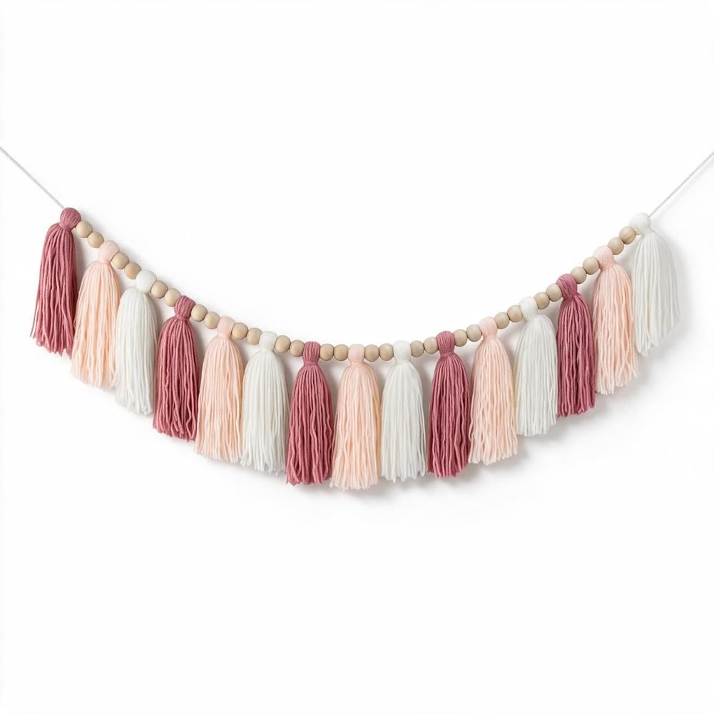 DrCor Blush Pink Tassel Garland – Boho Nursery Wall Hanging Decor