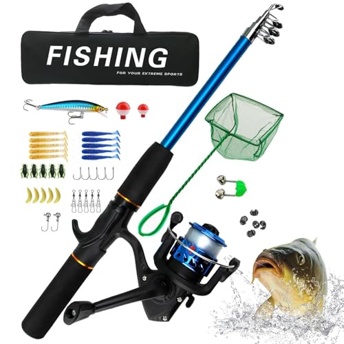 Combo canna da pesca - Set completo da pesca, canna da pesca e mulinello | Canna da pesca telescopica, borsa da trasporto, canna da pesca durevole d'acqua e salata, da pesca per gli