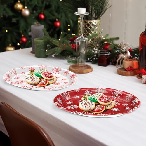 QZYL 50 PCS Christmas Paper Plates, 12.2×10.2 Inches Oval Snowflake Plates Christmas Party Decorations, Red White Platters Xmas Party Dinnerware, Holiday Party Supplies BBQ New Year Tableware – Image 6