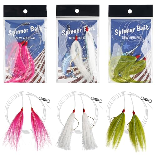 Bucktail Teaser Rigs,3/6pcs Flounder Rigs Hand Tied Sea Bass Hi Lo Rig Fishing Bait Rigs Saltwater Multicolor Mylar Bucktail Teasers Hook for Surf Ocean Fishing
