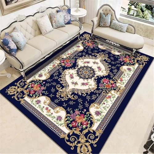 Tapis de salon rétro bleu 50x80cm fin pour table basse